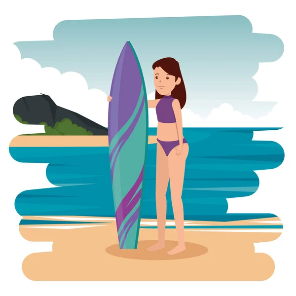 Щаслива спортивна дівчина практикує серфінг у морі — стоковий вектор
