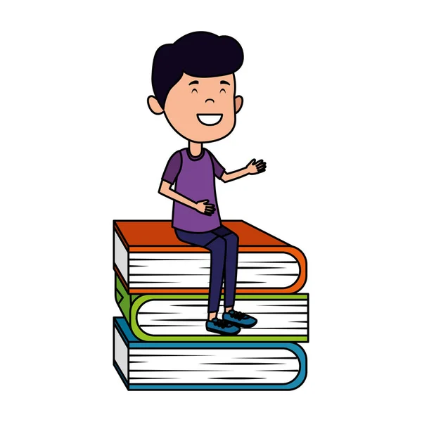 Feliz estudiante sentado en los libros de pila — Vector de stock