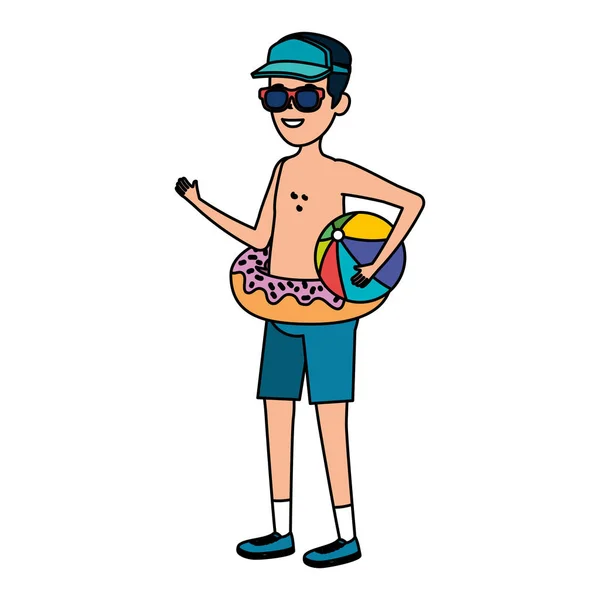 Jovem com flutuador de donut e praia de balão — Vetor de Stock