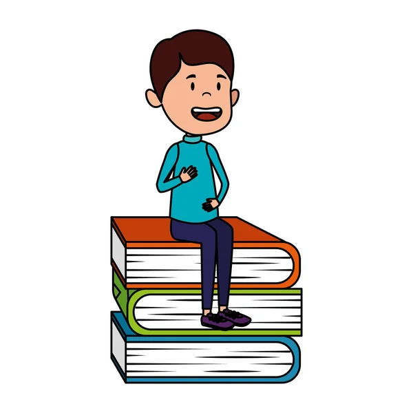 Happy student boy seated in pile books — Stock Vector