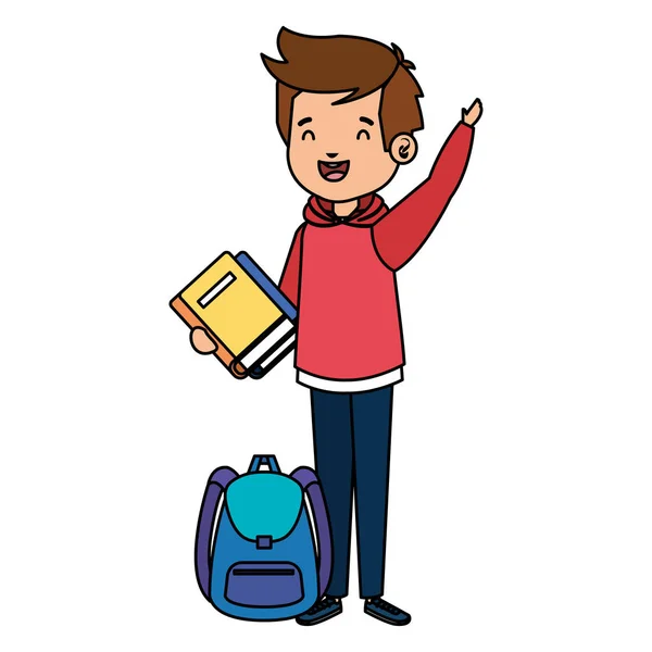 スクールバッグと本を持つ幸せな学生の少年 — ストックベクタ