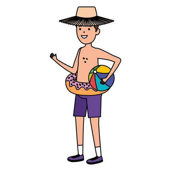 Joven con flotador de donas y playa de globos — Vector de stock