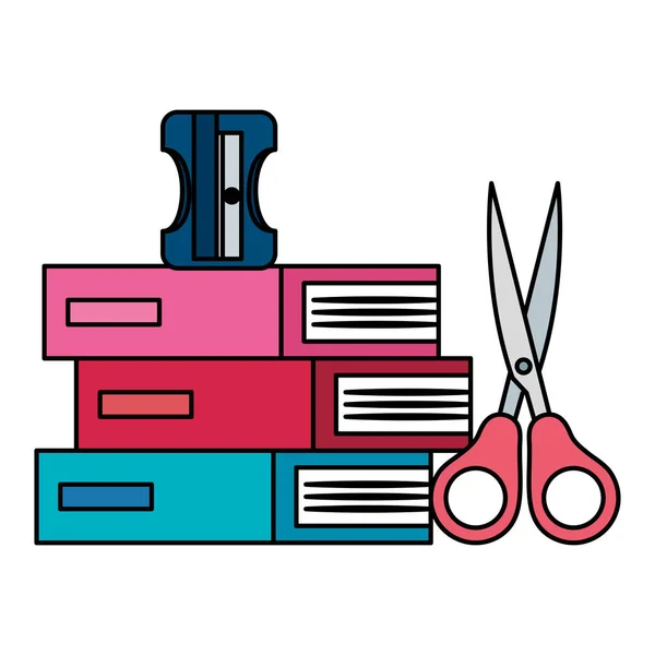 Pile textbooks and scissors and sharpener — Stock Vector