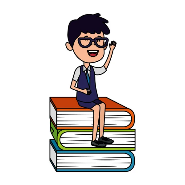 Menino estudante feliz sentado em livros de pilha — Vetor de Stock