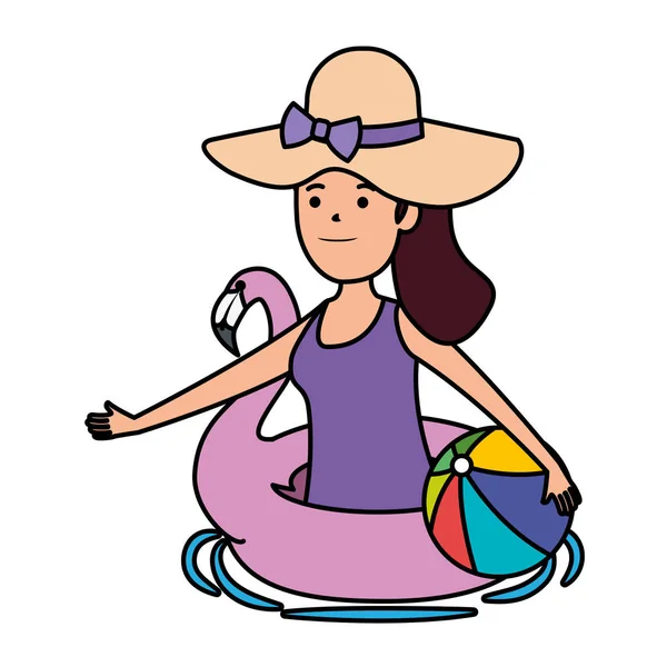 Menina feliz com flamengo flutuador e balão brinquedo de praia —  Vetores de Stock