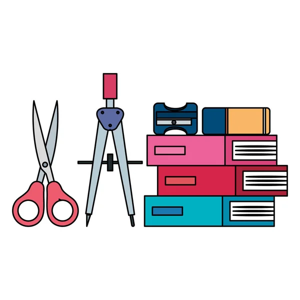 Pile textbooks with scissors and supplies — Stock Vector