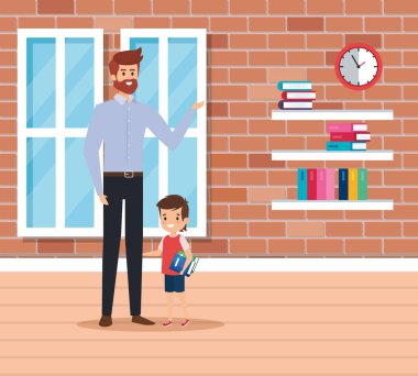 okul sahnesinde öğrenci çocuk ile erkek öğretmen