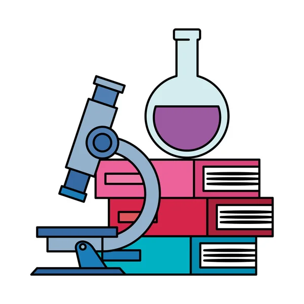 Pile läroböcker med rör test och Mikroskop — Stock vektor