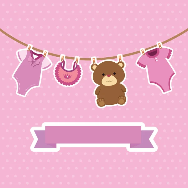 Cute baby girl postcard set items hanging — Stock Vector