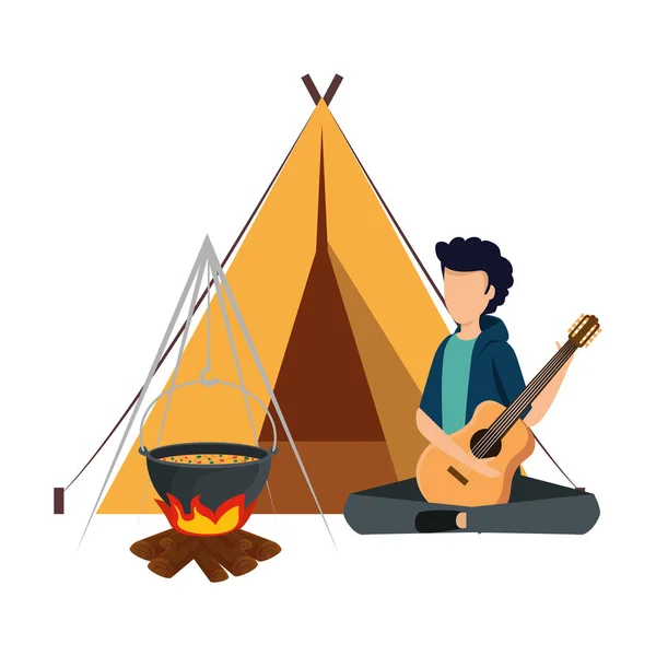 Jeune homme jouant de la guitare avec tente de camping et feu de bois — Image vectorielle