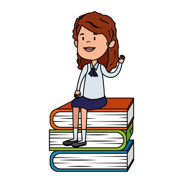 Happy student girl seated in pile text books — Stock Vector