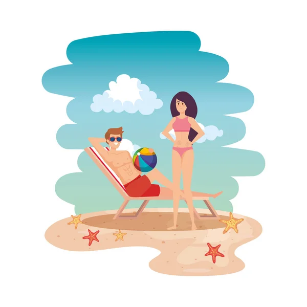 Jovem casal relaxante na cadeira com balão brinquedo na praia — Vetor de Stock