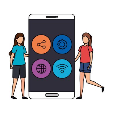 young women with smartphone and social media menu