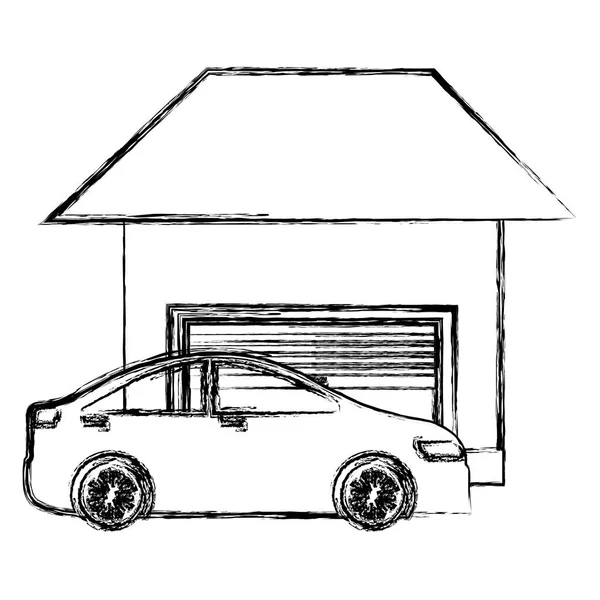 Auto Sedan voertuig met garage gebouw — Stockvector