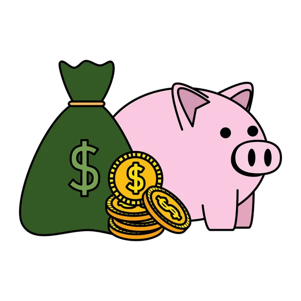 Risparmio piggy con monete sacchetto di denaro — Vettoriale Stock