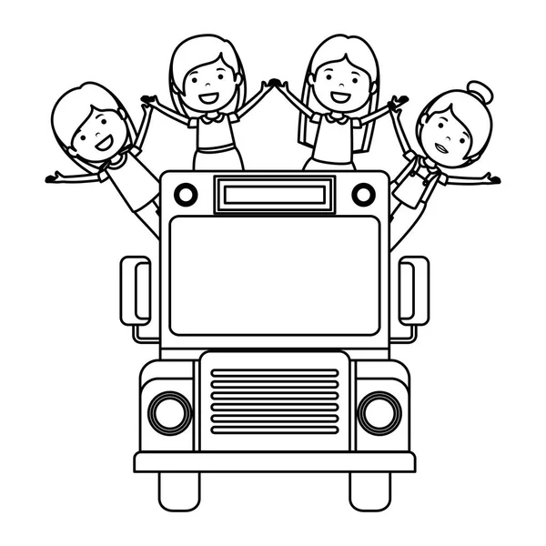 Transporte en autobús escolar con grupo de niños — Vector de stock
