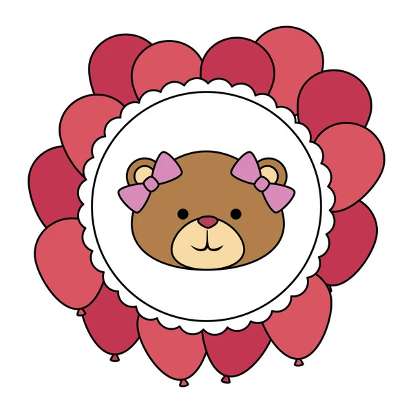 Niedźwiedź Teddy kobieta z kokardkami w koronkach i balonach helu — Wektor stockowy