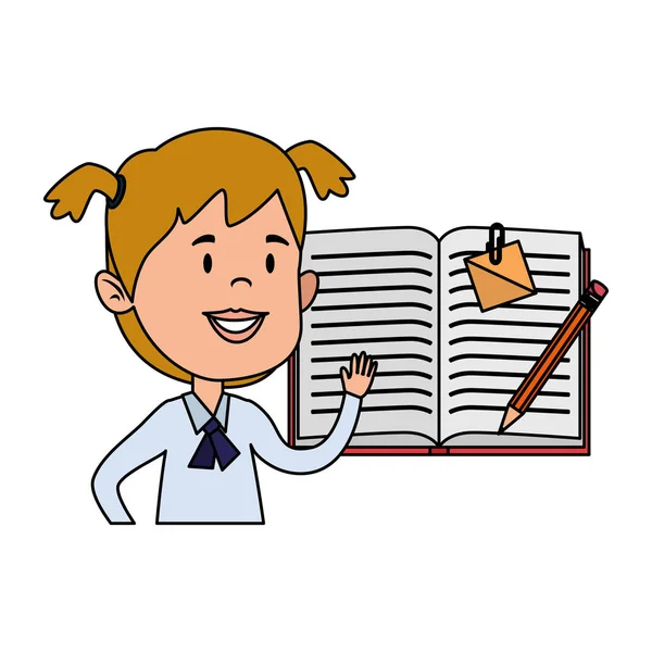 Chica estudiante feliz con libro de texto y lápiz — Vector de stock