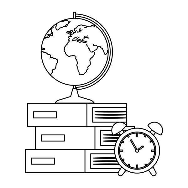 堆教科书与闹钟和地球地图 — 图库矢量图片