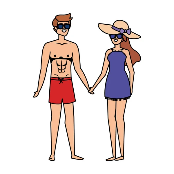 Jeune couple avec maillot de bain et lunettes de soleil — Image vectorielle