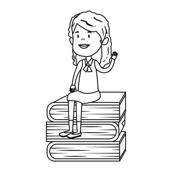 Lycklig elev flicka sittande i högen textböcker — Stock vektor