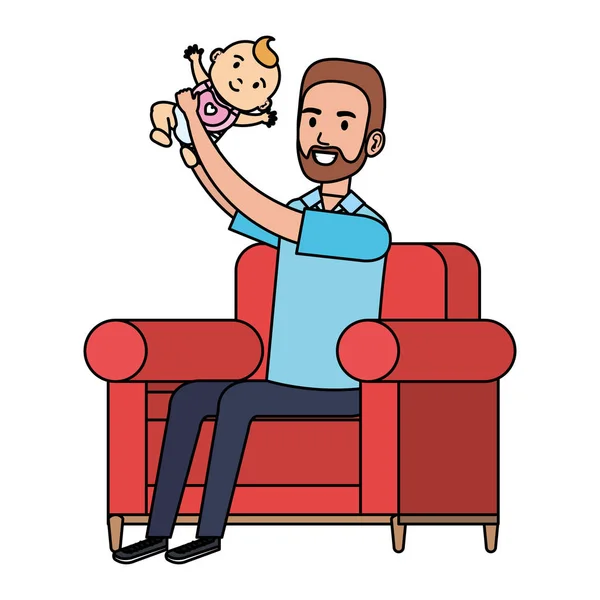 Padre levantando bebé en los personajes del sofá — Vector de stock