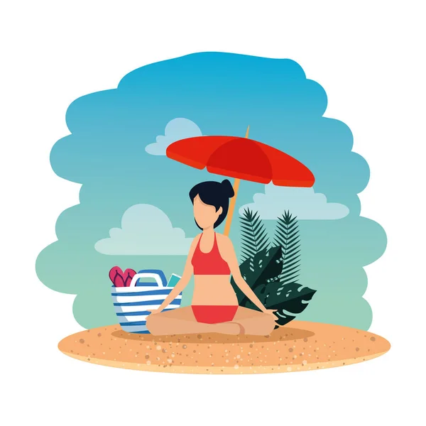 Mujer con traje de baño y paraguas practicando yoga en la playa — Vector de stock
