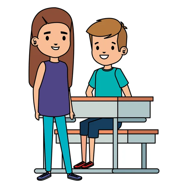 可爱的小学生夫妇在学校课桌 — 图库矢量图片