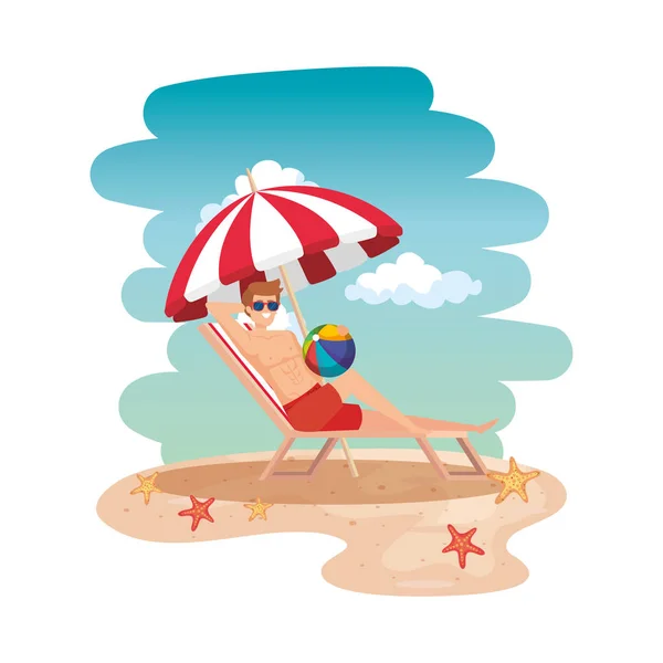 Jovem relaxante na cadeira de praia com balão brinquedo na praia — Vetor de Stock