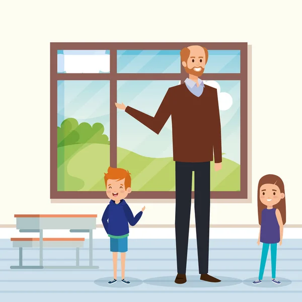 Homme enseignant dans la salle de classe avec les enfants et le bureau — Image vectorielle