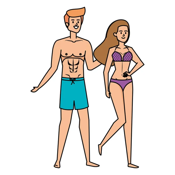 Young couple with swimsuit avatars characters — Stock Vector