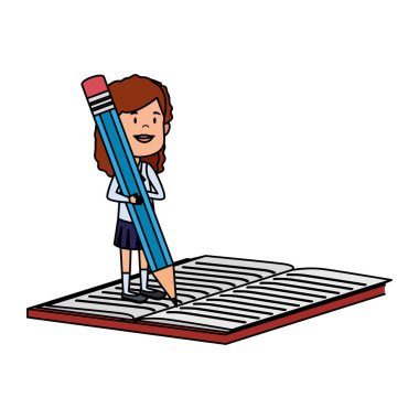 kitapta kalemle yazan mutlu öğrenci kız