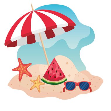 denizyıldızları ile karpuz meyve ve güneş gözlüğü ile şemsiye