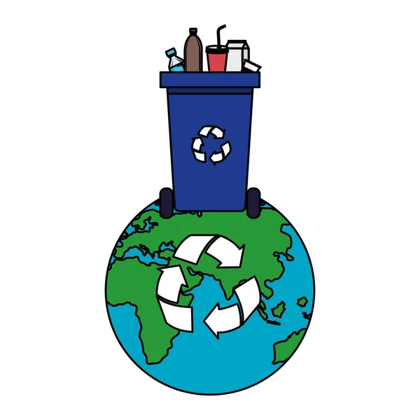 Weltplaneten mit Recyclingabfällen und Plastikprodukten — Stockvektor