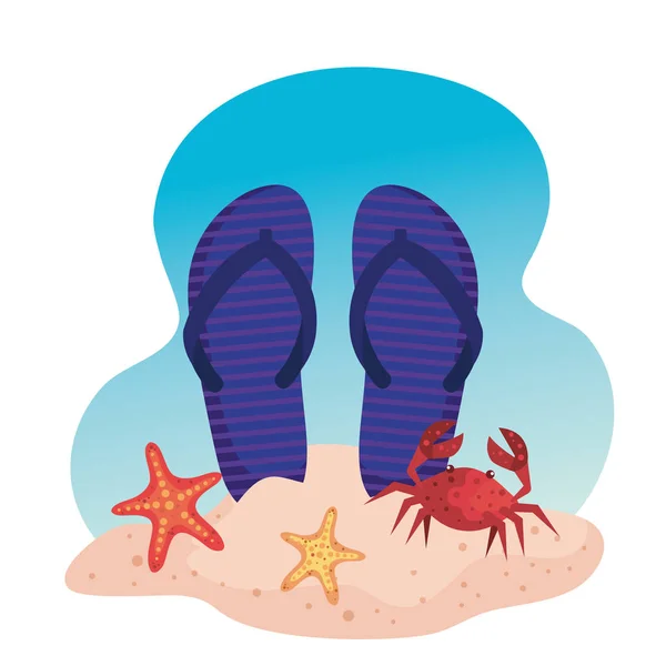 Flip-flop with starfishes and crab in the beach sand — Stock Vector