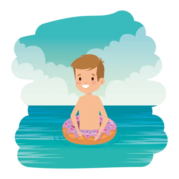 Lindo niño pequeño con traje de baño y buñuelo flotan en el mar — Vector de stock