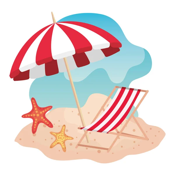 Umbrella with tanning chair and starfishes in the beach sand — Stock Vector