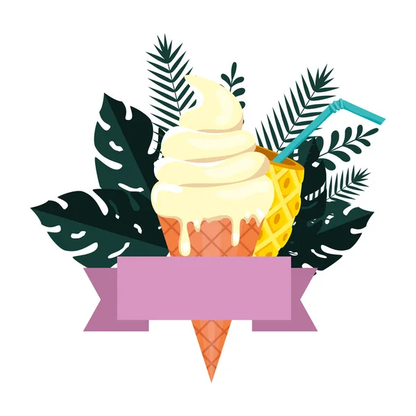 Summer frame with tropical leafs and ice cream — Stock Vector