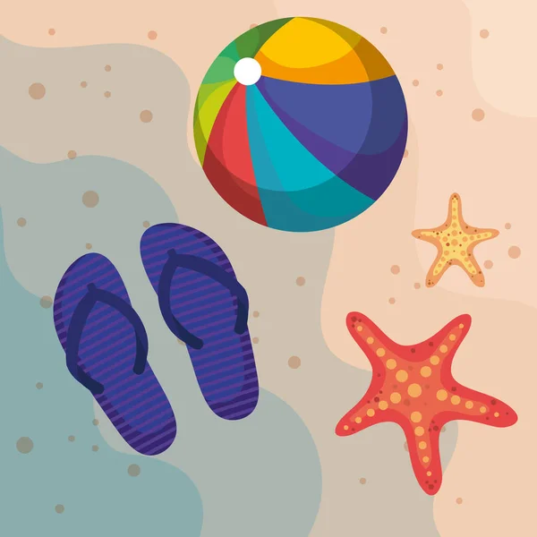Flip-flop z piłką plażową i rozgwiazdy w piasku — Wektor stockowy