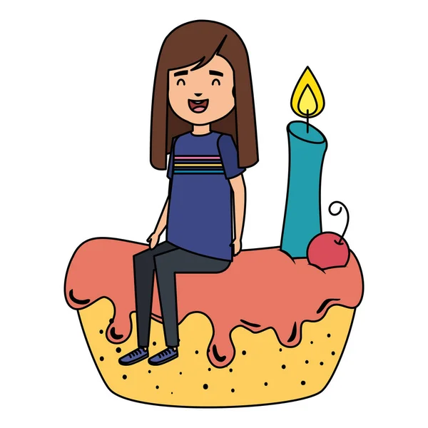 Милая маленькая девочка, сидящая в торте со свечой — стоковый вектор