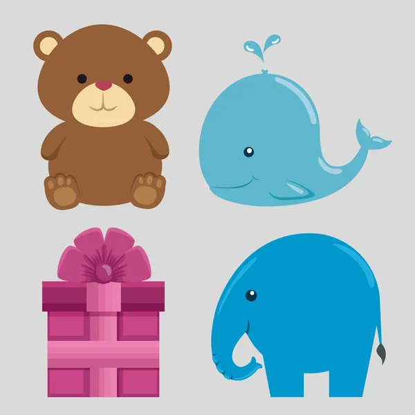 一套泰迪熊与蓝鲸和优雅的粉红色礼物 — 图库矢量图片
