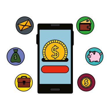 sikke para dolar ve e-ticaret simgeleri ile akıllı telefon