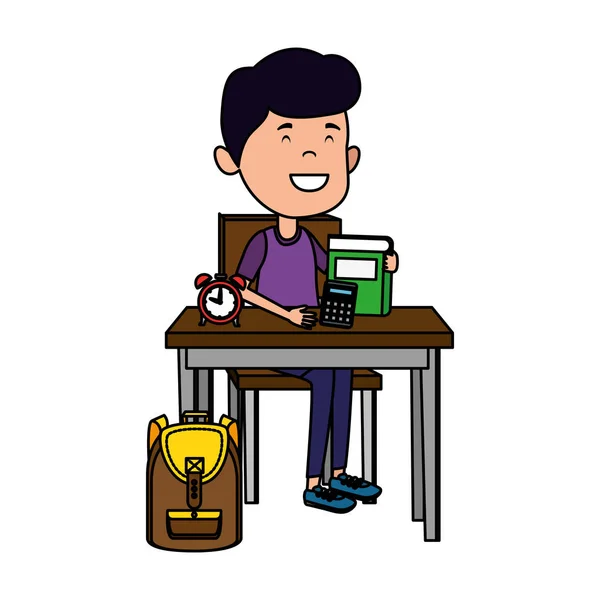 Happy student boy with supplies seated in school desk — Stock Vector