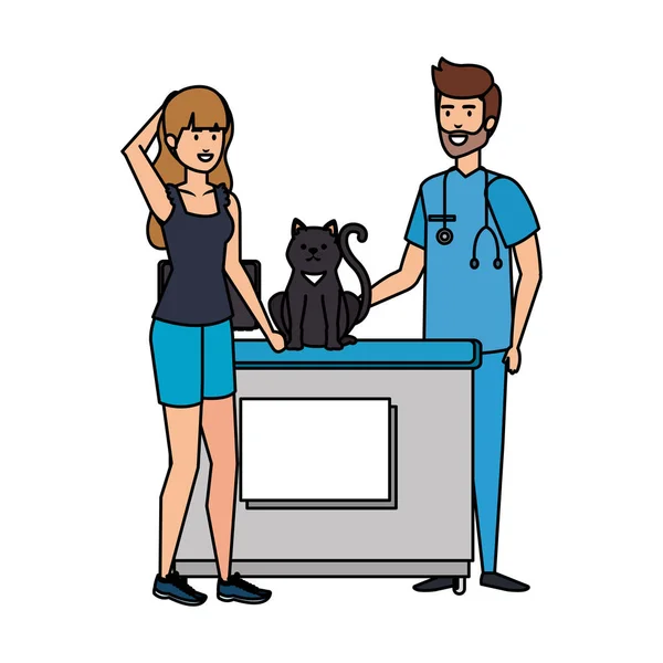 猫と飼い主ベクトルイラストを持つ男性獣医 — ストックベクタ