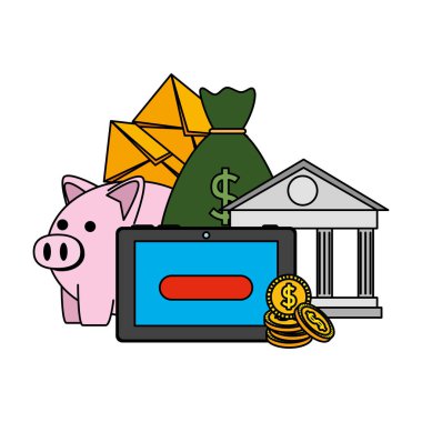 banka binası e-ticaret simgeleri ile tablet