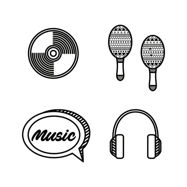 Conjunto de cd y auriculares melodía y maracas instrumento — Vector de stock