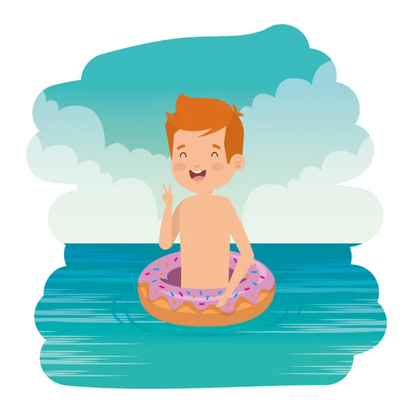 Cute little boy with swimsuit and donut float on the sea — Stock Vector