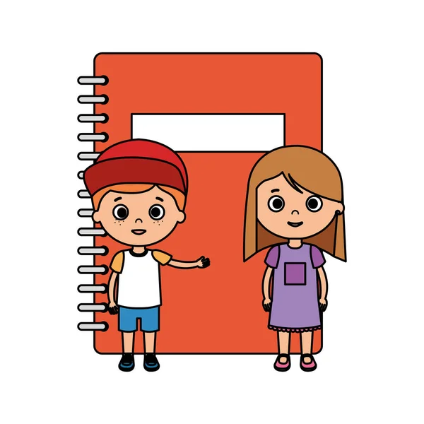 Crianças pequenas estudantes casal com notebook — Vetor de Stock