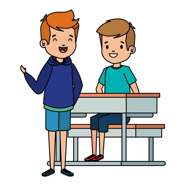 学校の机に座って幸せな小さな学生の男の子 — ストックベクタ