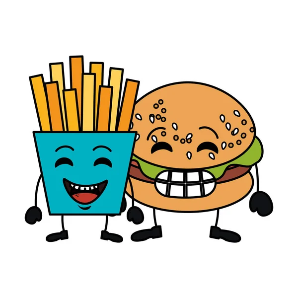 Délicieux hamburger avec frites kawaii caractère — Image vectorielle